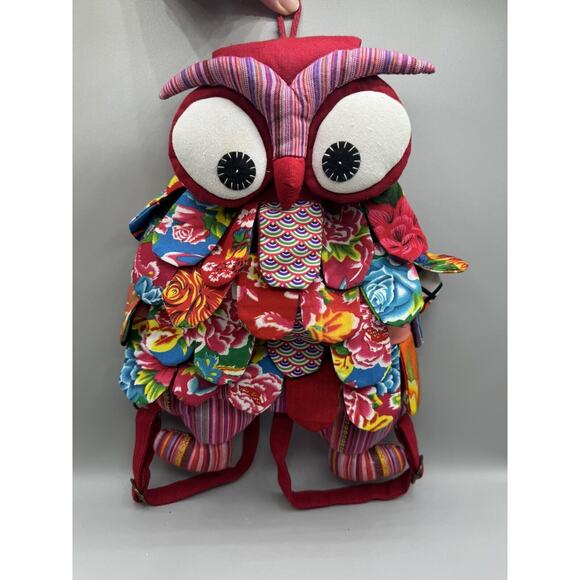 Owl Backpack Drawstring Quilted Patchwork Boho Retro Multicolored Festival - Picture 2 of 12